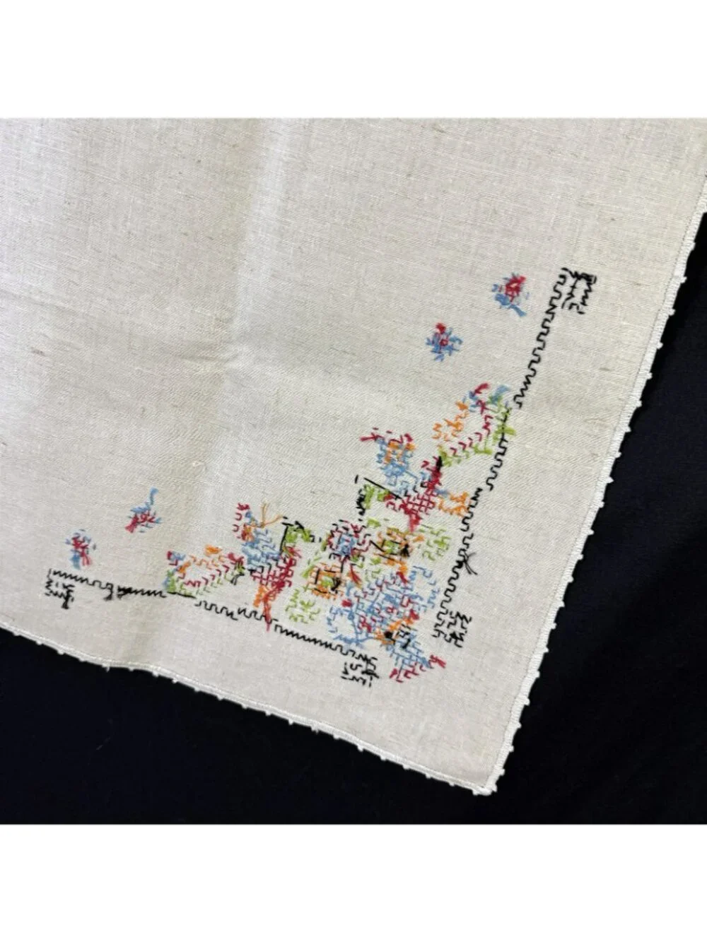 Embroidered Tablecloth Cross Stitch Design Flowers Birds Square Vintage 1950s